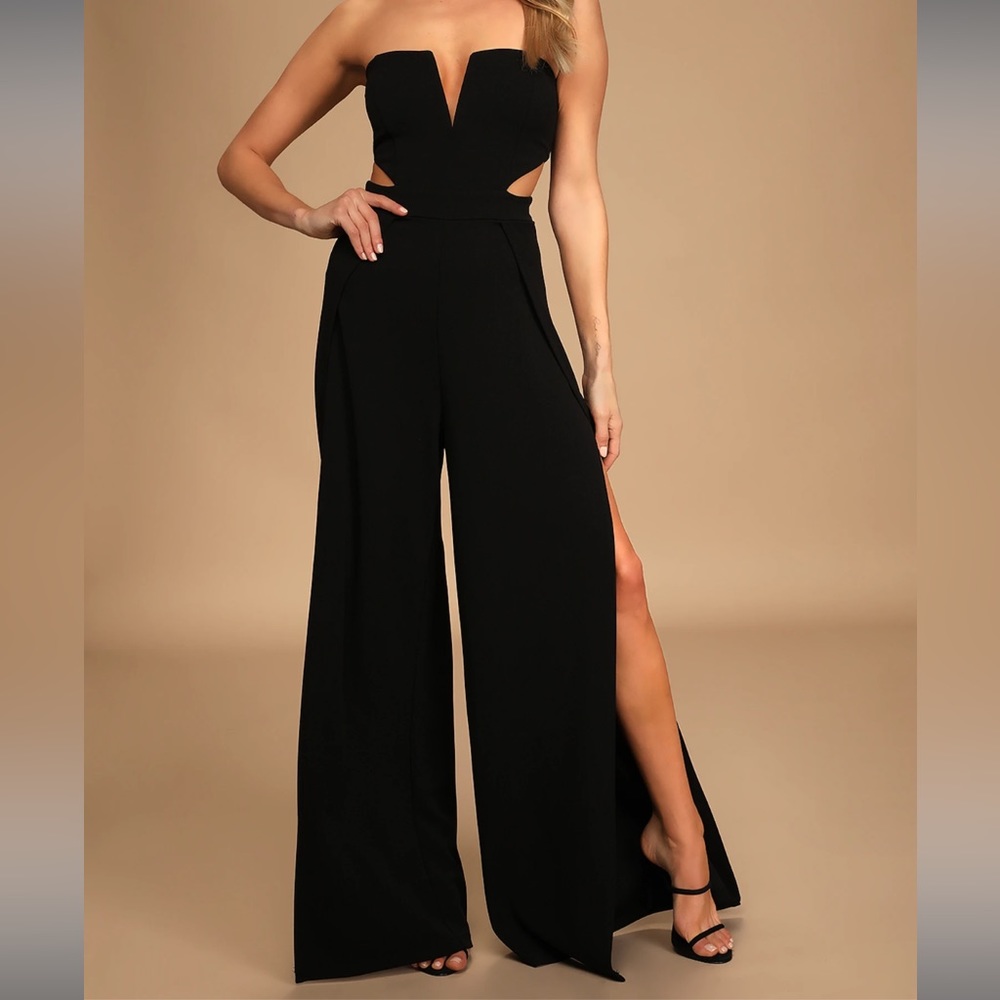 NWT Lulus Make Your Statement Black Strapless Cutout Wide-Leg Jumpsuit